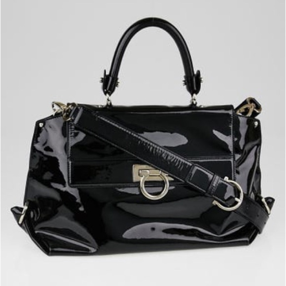 Salvatore Ferragamo Black Patent Leather Sofia Gancini Satchel